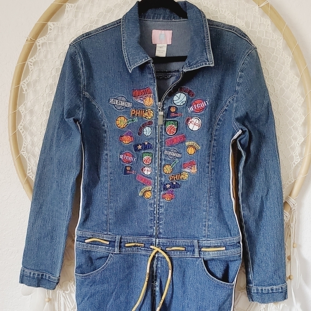 NBA Vintage Denim Jumpsuit Y2K All Star Basketball Flare Bell Leg Embroidered